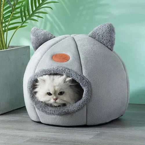 2-in-1 Pet House Bed, Comfortable and Cozy Retreat for Your Beloved Pet: light gray, dark gray cat-themed pet bed with a cat