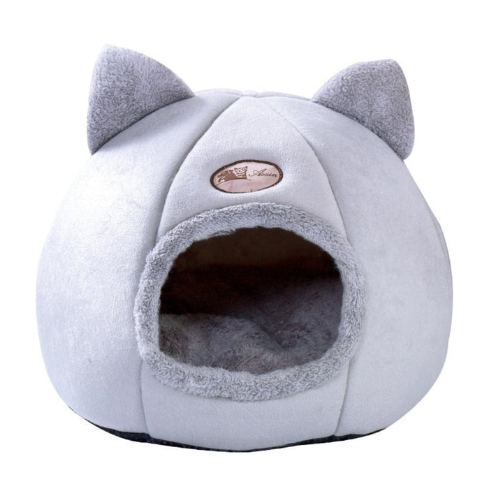 2-in-1 Pet House Bed, Comfortable and Cozy Retreat for Your Beloved Pet: light gray, dark gray cat-themed pet bed with a cat