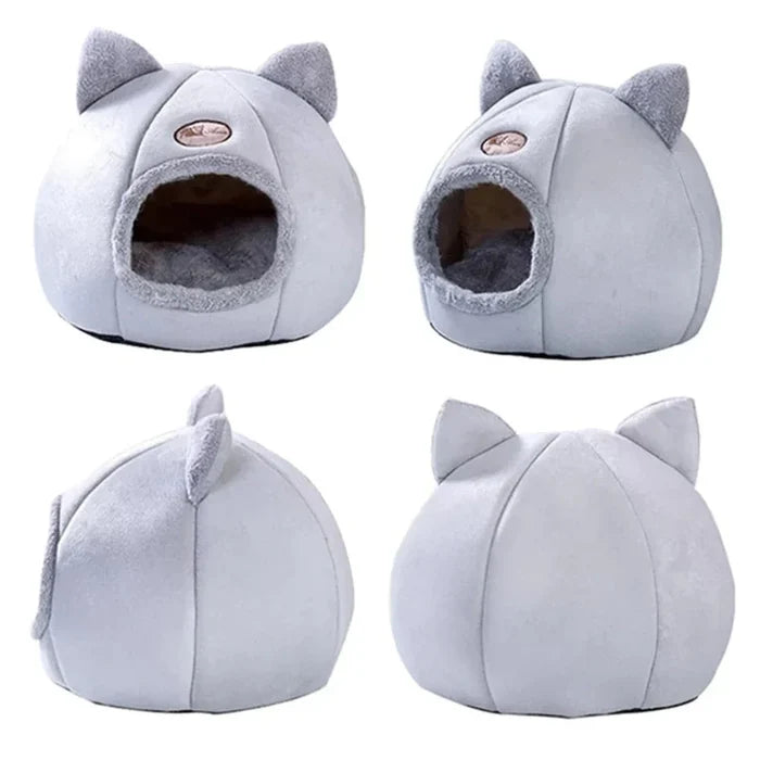 2-in-1 Pet House Bed, Comfortable and Cozy Retreat for Your Beloved Pet: light gray, dark gray cat-themed pet bed with a cat
