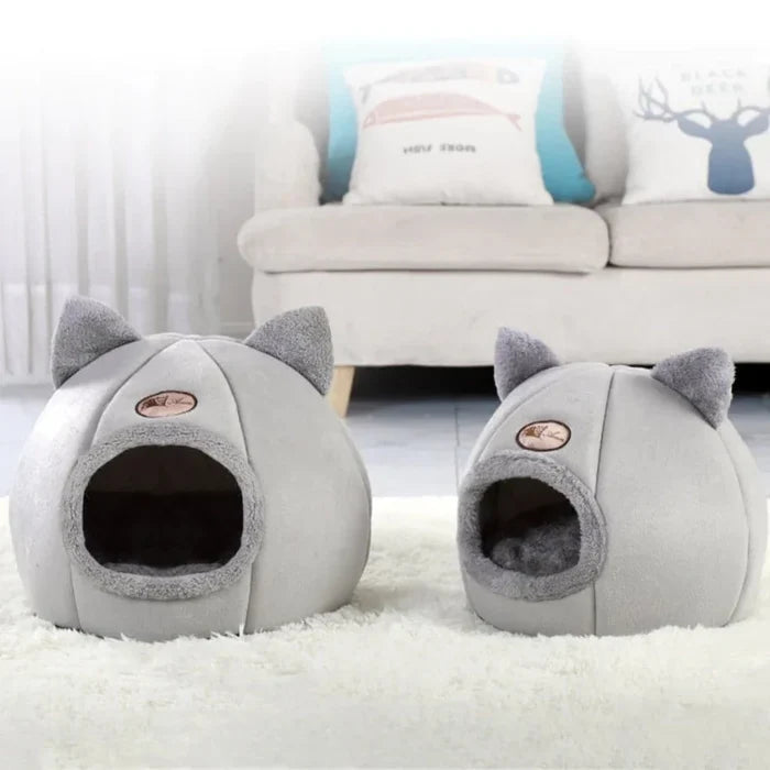 2-in-1 Pet House Bed, Comfortable and Cozy Retreat for Your Beloved Pet: light gray, dark gray cat-themed pet bed with a cat