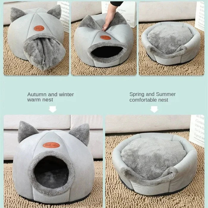 2-in-1 Pet House Bed, Comfortable and Cozy Retreat for Your Beloved Pet: light gray, dark gray cat-themed pet bed with a cat