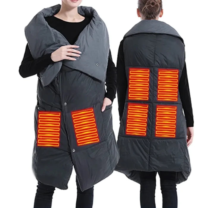 2-In-1 Wearable Heated Blanket Wrap: dark gray, black long sleeveless padded vest with illuminated heating panels, functional