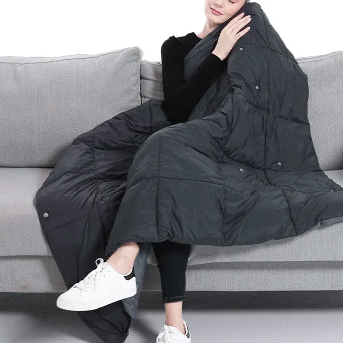 2-In-1 Wearable Heated Blanket Wrap: dark gray, black long sleeveless padded vest with illuminated heating panels, functional