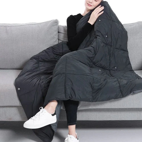 2-In-1 Wearable Heated Blanket Wrap: dark gray, black long sleeveless padded vest with illuminated heating panels, functional