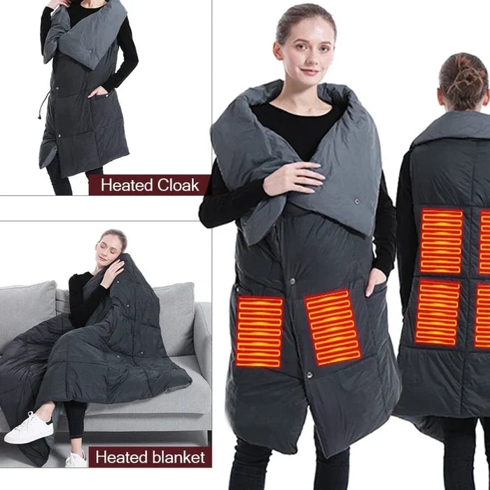 2-In-1 Wearable Heated Blanket Wrap: dark gray, black long sleeveless padded vest with illuminated heating panels, functional