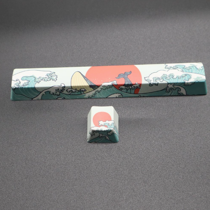 2-Piece Set of Japanese-Inspired Keycaps: white, dark teal stylized ocean waves with red sun and mountain, Japanese woodblock