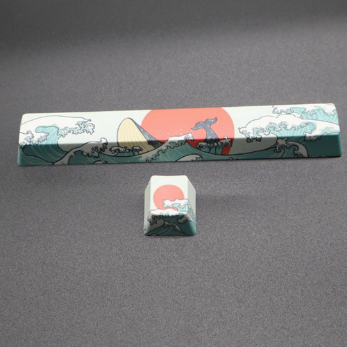 2-Piece Set of Japanese-Inspired Keycaps: white, dark teal stylized ocean waves with red sun and mountain, Japanese woodblock