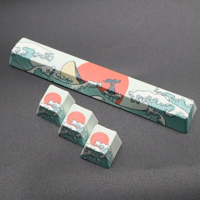 2-Piece Set of Japanese-Inspired Keycaps: white, dark teal stylized ocean waves with red sun and mountain, Japanese woodblock