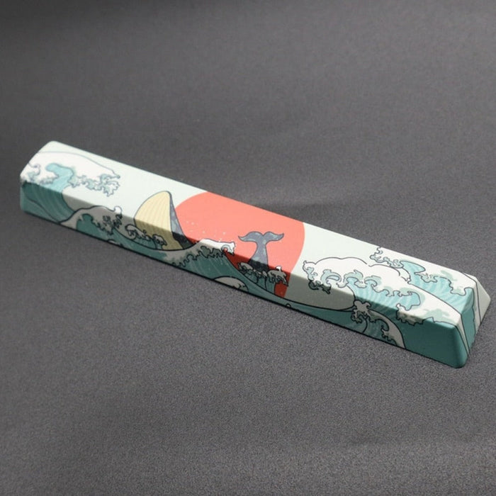 2-Piece Set of Japanese-Inspired Keycaps: white, dark teal stylized ocean waves with red sun and mountain, Japanese woodblock