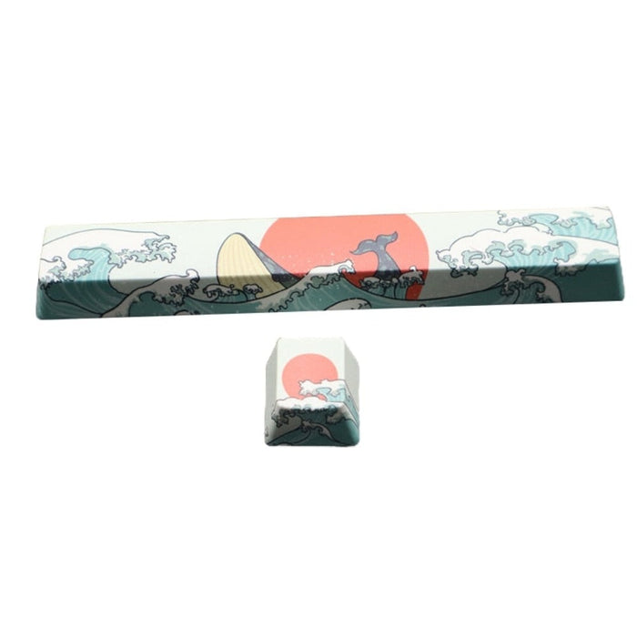 2-Piece Set of Japanese-Inspired Keycaps: white, dark teal stylized ocean waves with red sun and mountain, Japanese woodblock