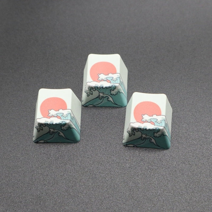 2-Piece Set of Japanese-Inspired Keycaps: white, dark teal stylized ocean waves with red sun and mountain, Japanese woodblock