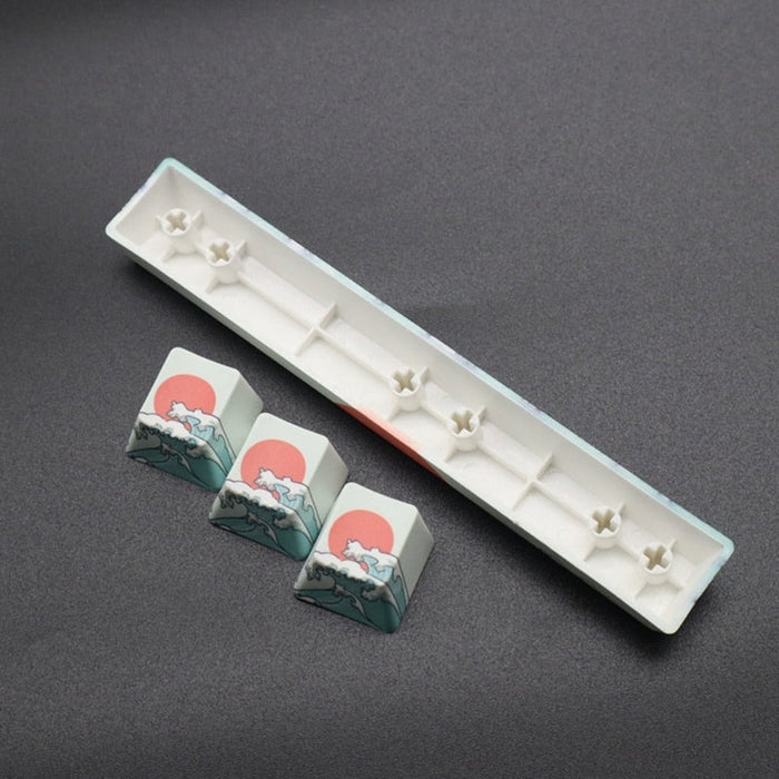 2-Piece Set of Japanese-Inspired Keycaps: white, dark teal stylized ocean waves with red sun and mountain, Japanese woodblock
