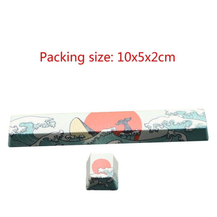 2-Piece Set of Japanese-Inspired Keycaps: white, dark teal stylized ocean waves with red sun and mountain, Japanese woodblock