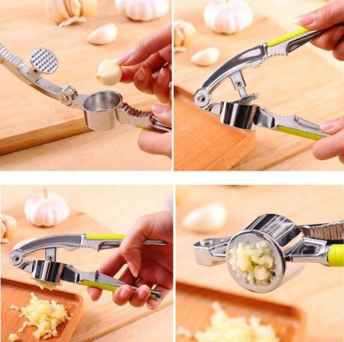 2-Piece Set of Versatile Food, Nut, and Garlic Stainless Steel Crackers: silver, lime green nutcracker tool, functional kitch