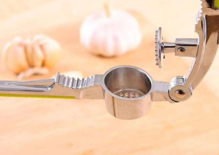 2-Piece Set of Versatile Food, Nut, and Garlic Stainless Steel Crackers: silver, lime green nutcracker tool, functional kitch