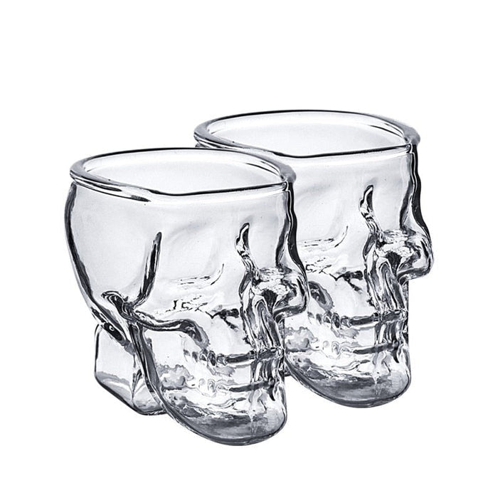 2 Skull Themed Glasses, Set of 2: clear, transparent human skull, novelty gothic style