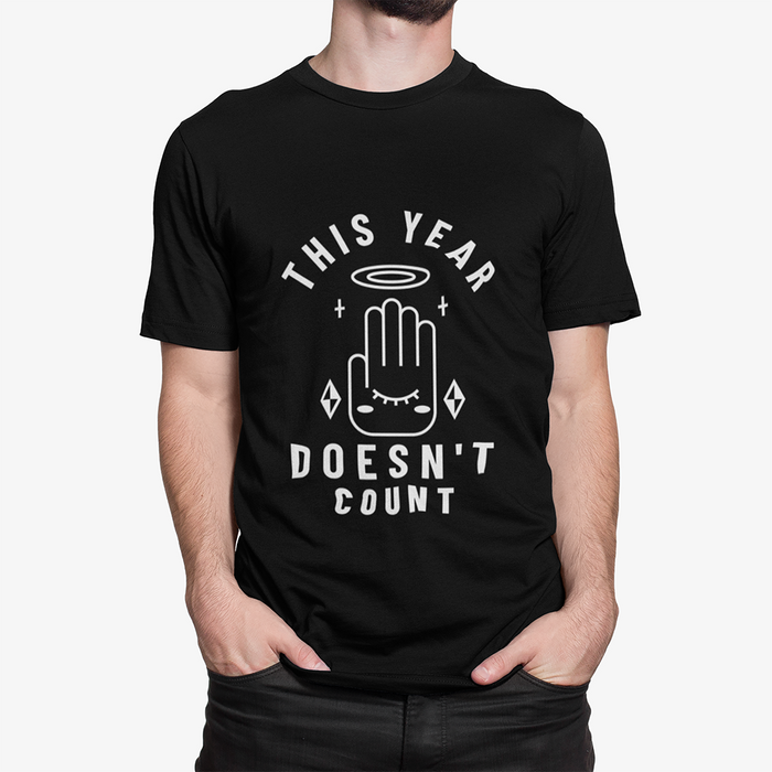 2020 Men's Graphic Tee: black, white stylized hand character with halo, minimal cartoon graphic style
