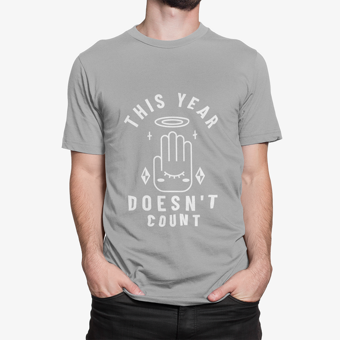 2020 Men's Graphic Tee: black, white stylized hand character with halo, minimal cartoon graphic style