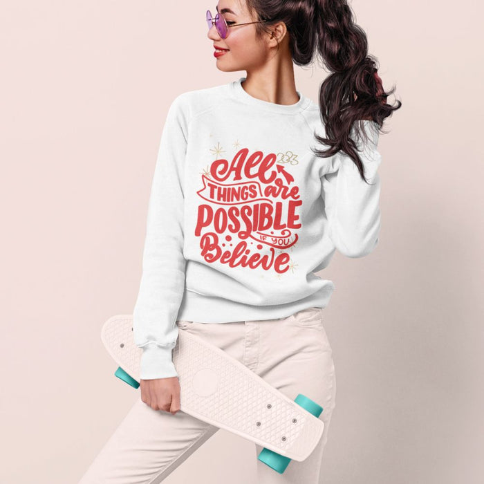 2023 Women's Inspirational Sweatshirt: white, red motivational typography, casual graphic style