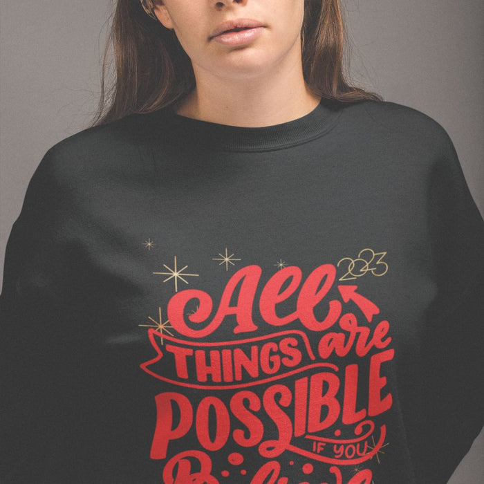 2023 Women's Inspirational Sweatshirt: white, red motivational typography, casual graphic style