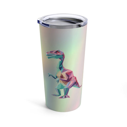 20oz Dino Adventure Tumbler: iridescent pastel silver, pink Tyrannosaurus rex dinosaur, modern geometric style