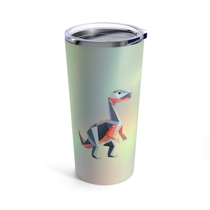 20oz Dino Adventure Tumbler: iridescent pastel silver, pink Tyrannosaurus rex dinosaur, modern geometric style
