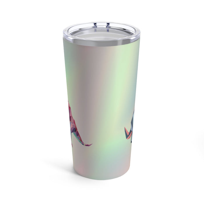 20oz Dino Adventure Tumbler: iridescent pastel silver, pink Tyrannosaurus rex dinosaur, modern geometric style