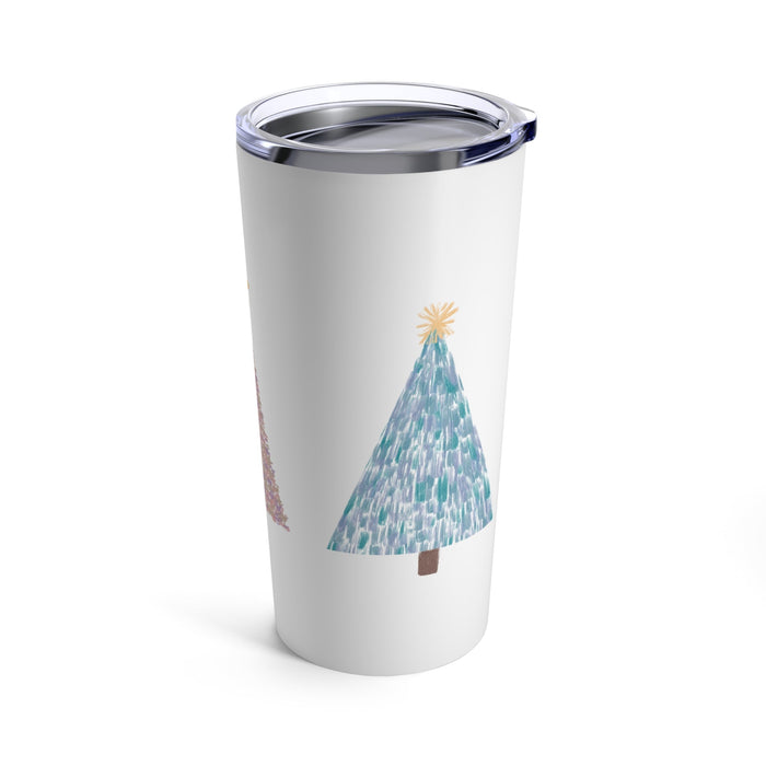 20oz Tumbler for Christmas Tree Lovers: white, silver Christmas tree, minimal festive illustration style