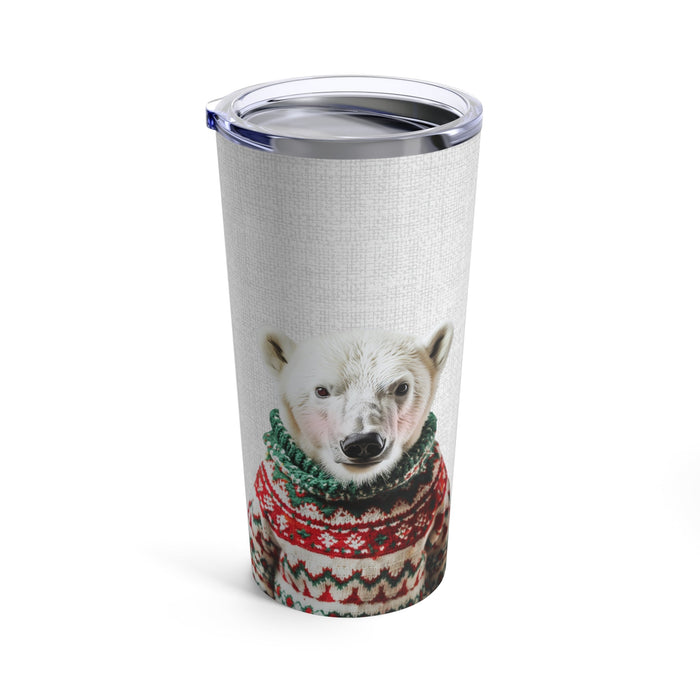 20oz Tumbler with a Christmas Sweater-Clad Polar Bear in Rosy Hue: white, silver polar bear, photographic animal print with f