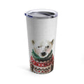 20oz Tumbler with a Christmas Sweater-Clad Polar Bear in Rosy Hue: white, silver polar bear, photographic animal print with f