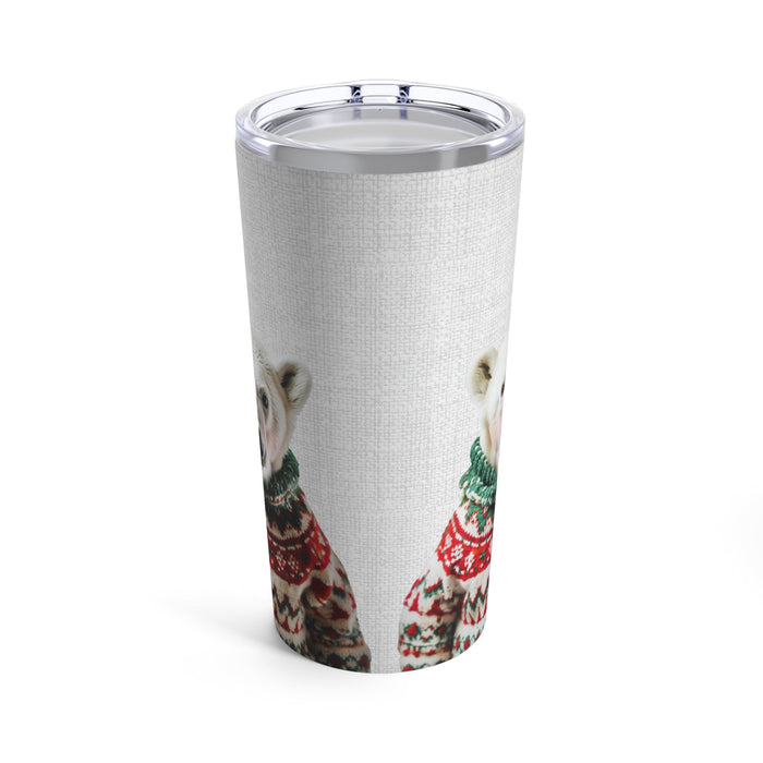 20oz Tumbler with a Christmas Sweater-Clad Polar Bear in Rosy Hue: white, silver polar bear, photographic animal print with f