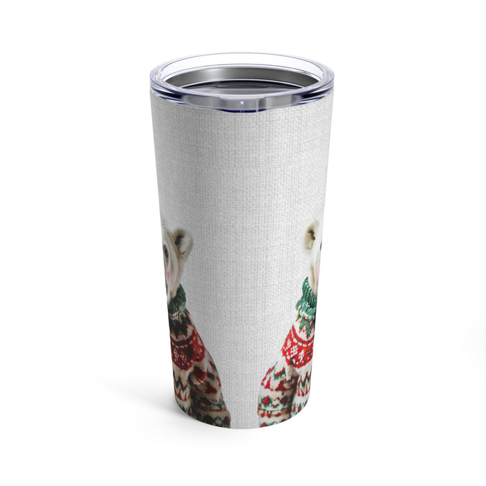 20oz Tumbler with a Christmas Sweater-Clad Polar Bear in Rosy Hue: white, silver polar bear, photographic animal print with f