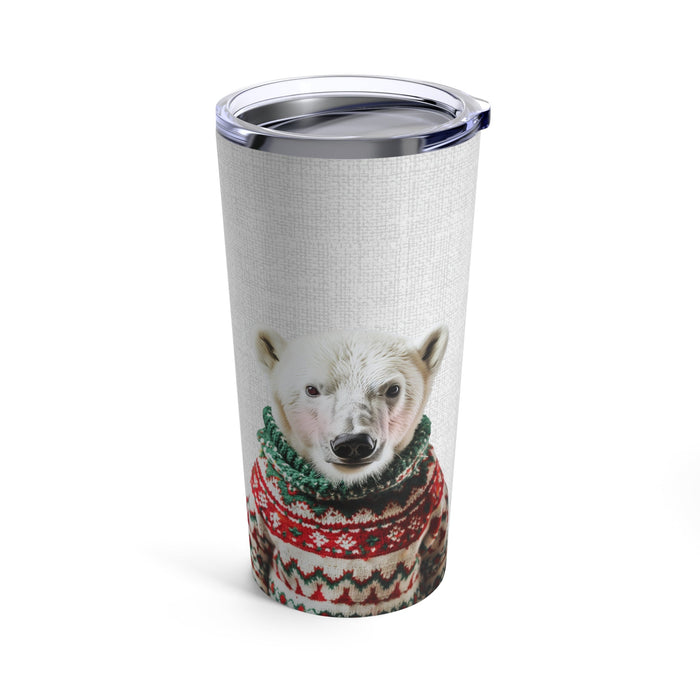 20oz Tumbler with a Christmas Sweater-Clad Polar Bear in Rosy Hue: white, silver polar bear, photographic animal print with f