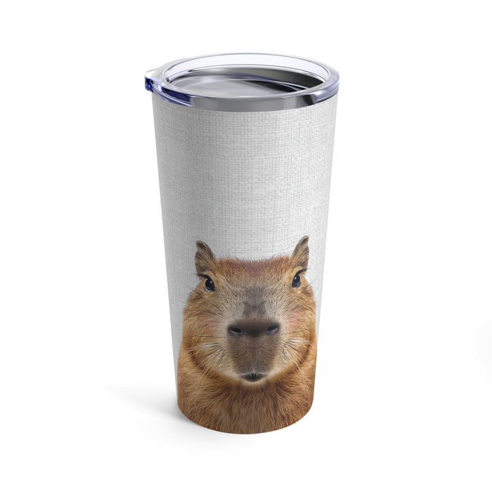 20oz Tumbler with a Rosy Capybara Design: light gray, silver quokka, realistic animal photo print style