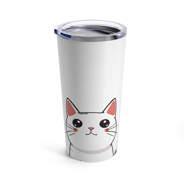 20oz White Tabby Kitty Tumbler: white, silver cartoon cat, kawaii cartoon style