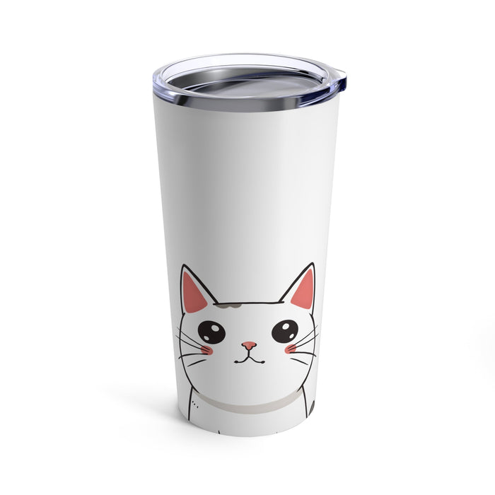 20oz White Tabby Kitty Tumbler: white, silver cartoon cat, kawaii cartoon style