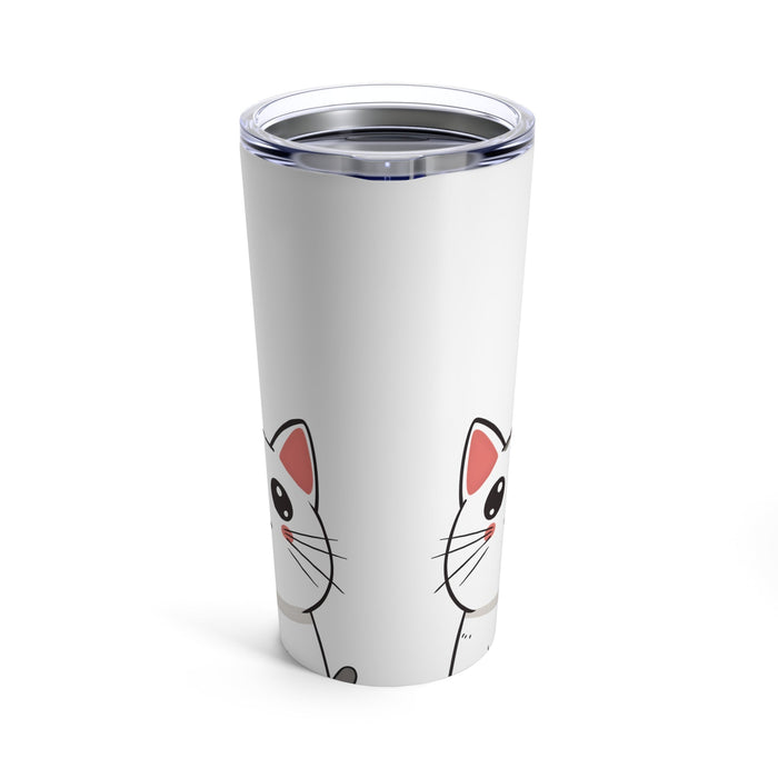 20oz White Tabby Kitty Tumbler: white, silver cartoon cat, kawaii cartoon style