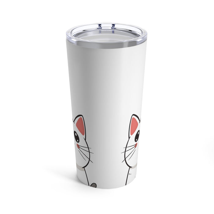 20oz White Tabby Kitty Tumbler: white, silver cartoon cat, kawaii cartoon style