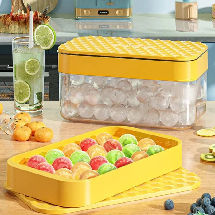 22-Cavity Ice Ball Mold for Large Gatherings: yellow, clear ice cube storage container with ice tray lid, minimal modern kitc