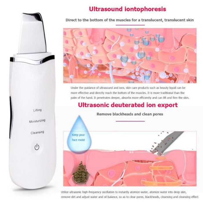 3-in-1 Deep Cleansing Ultrasonic Device: Efficiently Removes Blackheads and Scrubs Skin: white, silver handheld facial skinca