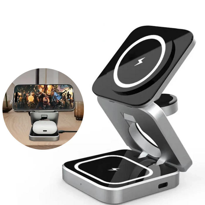 3 in 1 Foldable Phone Stand with Wireless Charging Capability: black, silver folding wireless charging stand, minimal modern