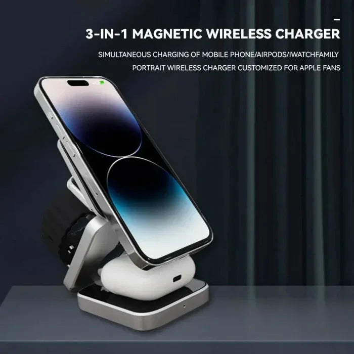 3 in 1 Foldable Phone Stand with Wireless Charging Capability: black, silver folding wireless charging stand, minimal modern