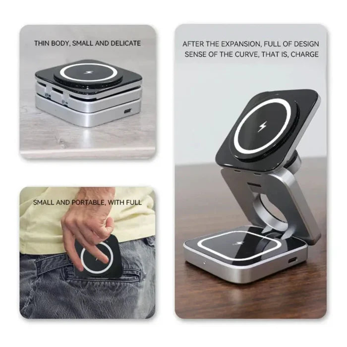 3 in 1 Foldable Phone Stand with Wireless Charging Capability: black, silver folding wireless charging stand, minimal modern