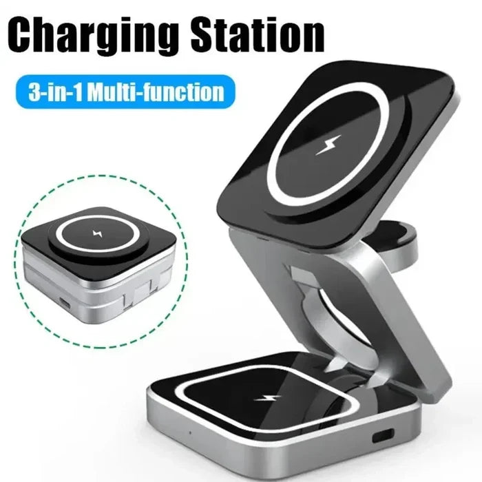 3 in 1 Foldable Phone Stand with Wireless Charging Capability: black, silver folding wireless charging stand, minimal modern