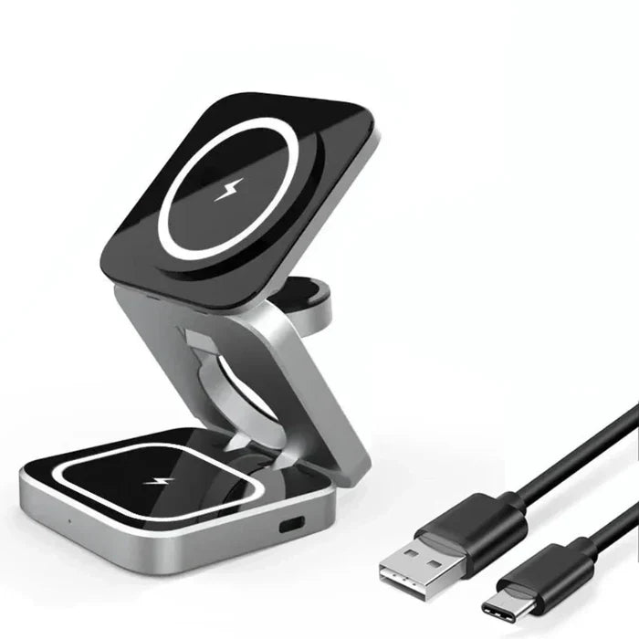 3 in 1 Foldable Phone Stand with Wireless Charging Capability: black, silver folding wireless charging stand, minimal modern