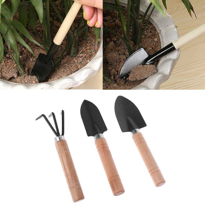 3-Piece Compact Gardening Tool Set: light brown, black hand gardening tool set, minimal practical gardening style