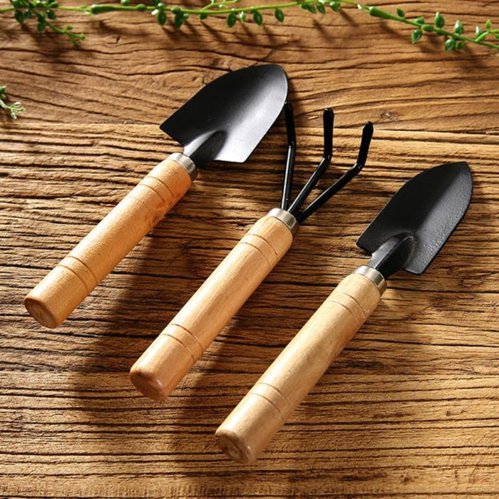 3-Piece Compact Gardening Tool Set: light brown, black hand gardening tool set, minimal practical gardening style