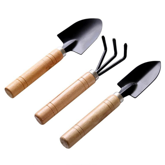 3-Piece Compact Gardening Tool Set: light brown, black hand gardening tool set, minimal practical gardening style