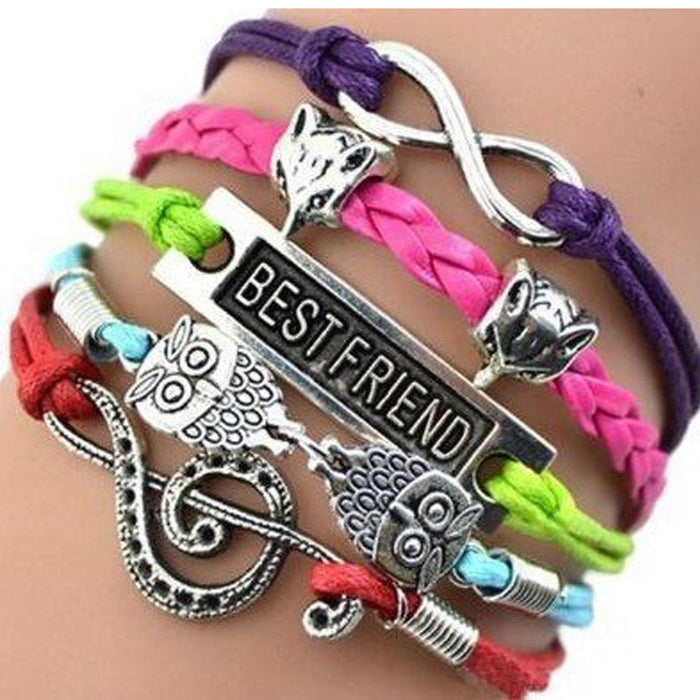 3-Piece Set of Bracelets for Stylish Girls on the Streets: purple, pink owl, cat, and infinity theme, decorative friendship b