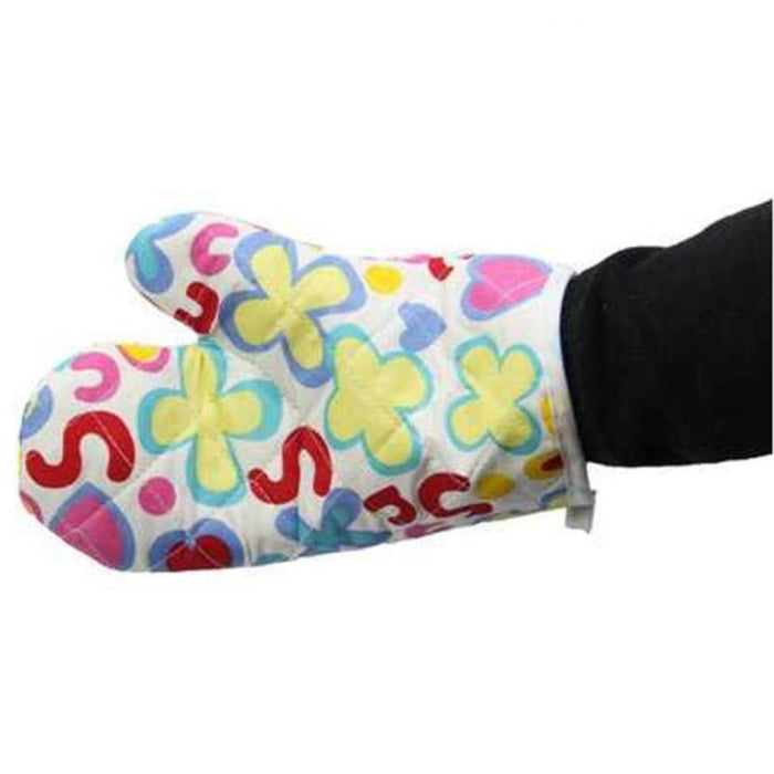 3-Piece Set of Gloves Resistant to Heat from Microwave and Oven: white, orange floral and fruit patterns, bright patterned st